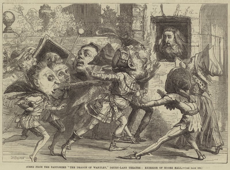 Scene from the Pantomime The Dragon of Wantley, Drury-Lane Theatre, Exterior of Moore Hall  av David Henry Friston