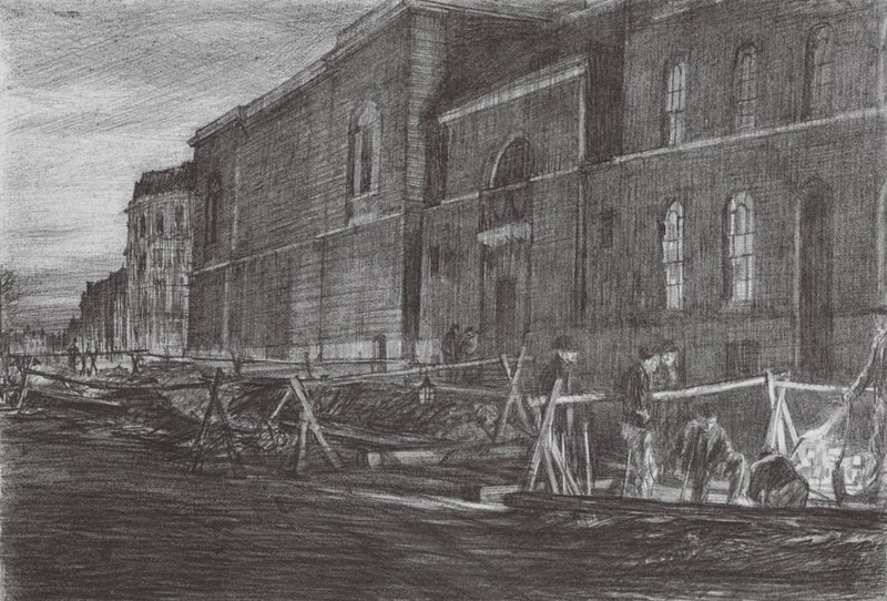 London: Dawn Newgate Prison (färglitografi) av David Muirhead (after) Bone