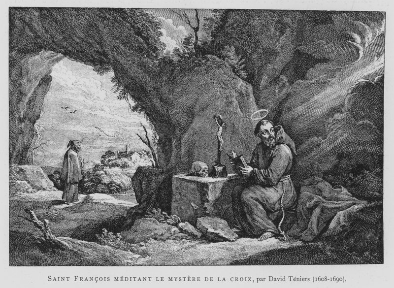 St Francis mediterar över korsets mysterium (litho) av David the Younger (after) Teniers