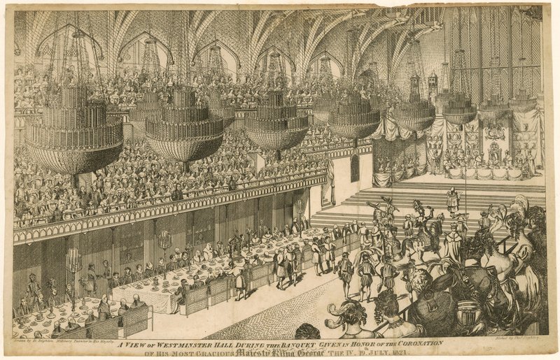 En vy av Westminster Hall under banketten som gavs för att hedra kröningen av kung George IV av Denis Dighton