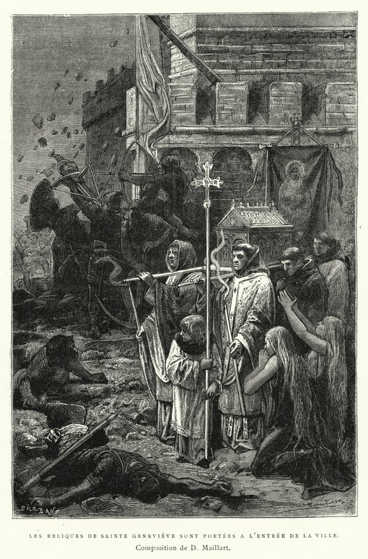 Sankt Genevieves reliker bärs vid ingången till staden (gravyr) av Diogene Ulysse Napoleon Maillart