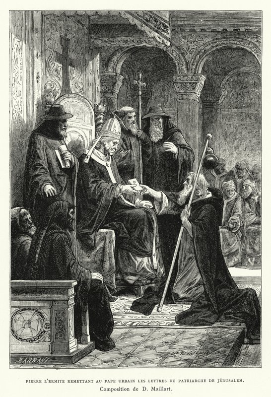 Eremiten Peter levererar till påven Urban breven från patriarken av Jerusalem (gravyr) av Diogene Ulysse Napoleon Maillart