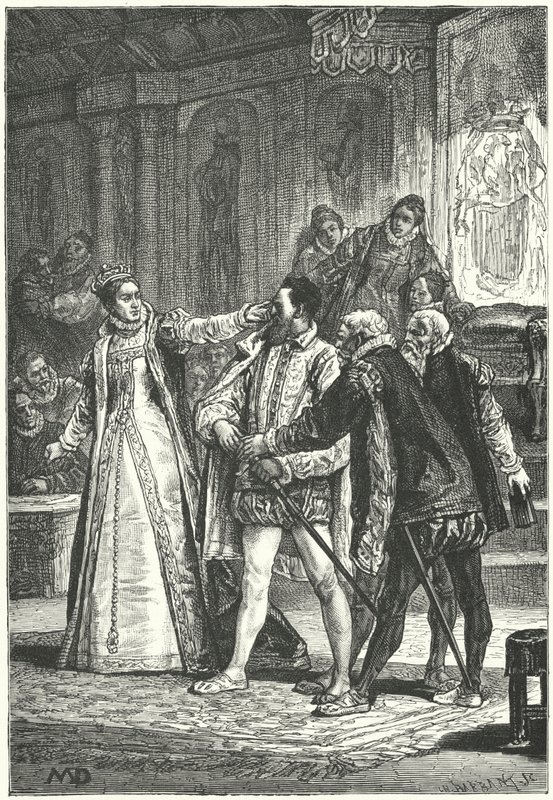 Earlen av Essex hotade att dra sitt svärd efter att drottning Elizabeth I slagit honom runt örat för hans oförskämdhet, 1598 av Diogene Ulysse Napoleon Maillart