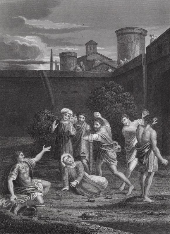Steningen av Sankt Stefan, Apostlagärningarna, kapitel VII, vs 54, 60 (gravyr) av Domenichino (1581 1641) (after)