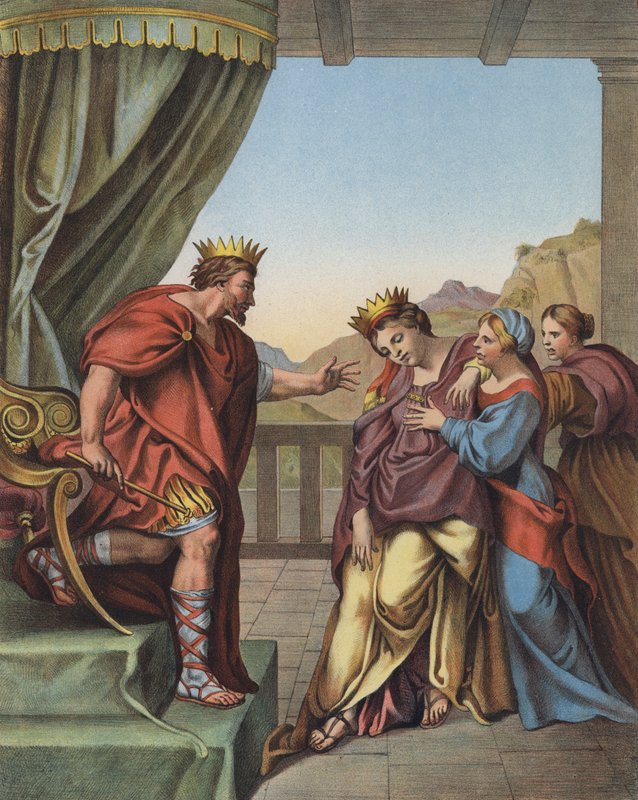 Kung Ahasveros lovar Ester att han kommer att bevilja allt hon begär (färg litho) av Domenichino