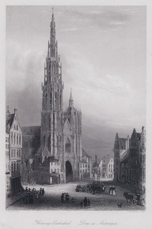 Antwerpens katedral (gravyr) av Domenico (after) Quaglio