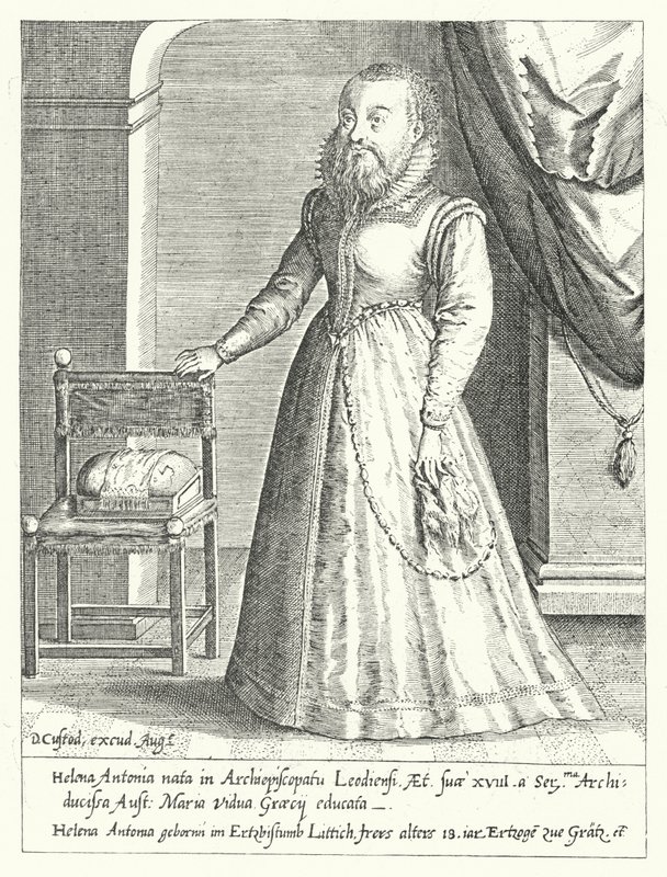 Helena Antonia av Liège, den skäggiga kvinnliga hovdvärgen till Maria av Österrike, den heliga romerska kejsarinnan (gravyr) av Dominicus or Custodis Custos
