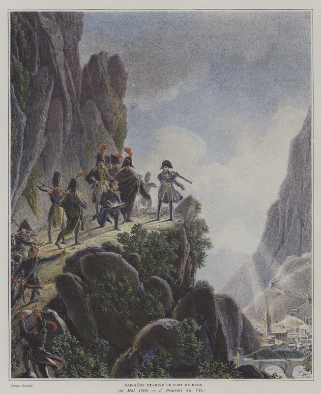 Napoleon undersöker Fort Bard, Italien, 23 maj 1800 (färg litho) av Dominique Vivant (after) Denon