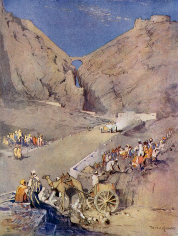 Ankomst av prinsens vita bil genom den märkliga klyftan, Aden (färglitografi) av Donald (after) Maxwell