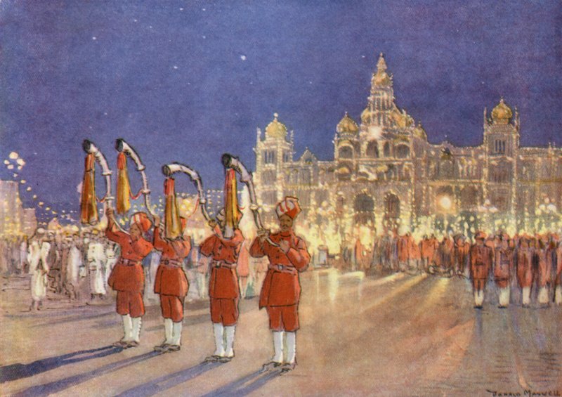 Välkomsthälsningen i Mysore (färglitografi) av Donald (after) Maxwell