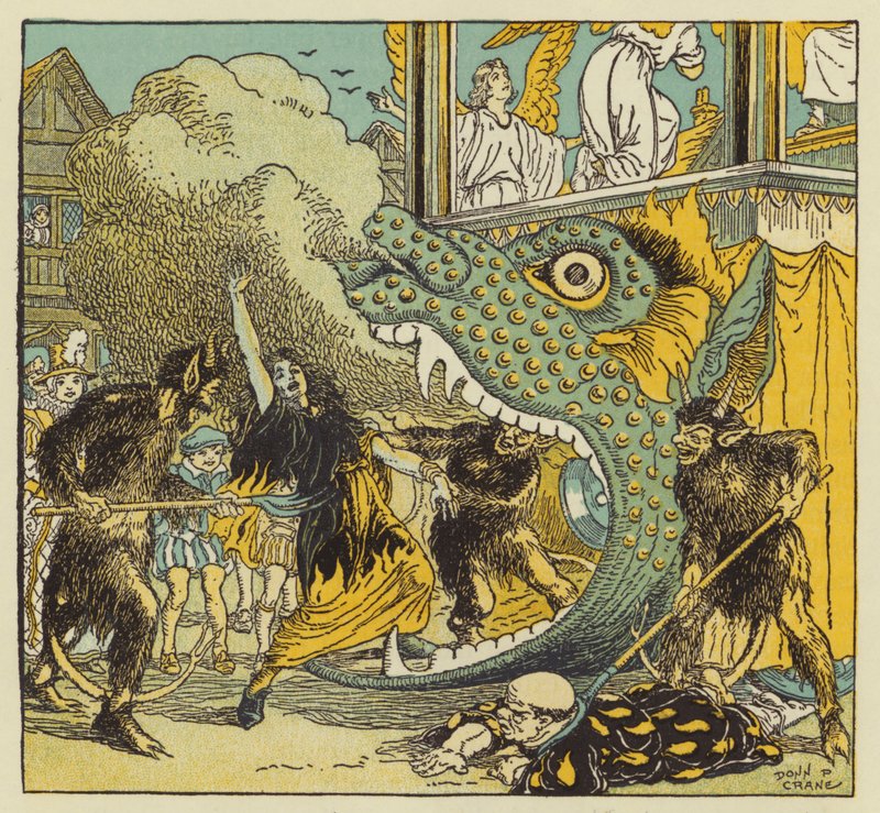 Mysteriespel av den typ som William Shakespeare såg som pojke (färglitografi) av Donn P. Crane