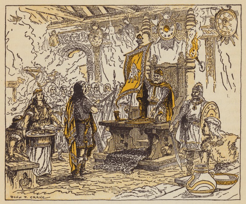 Kungen som belönar Beowulf (färg litho) av Donn P. Crane