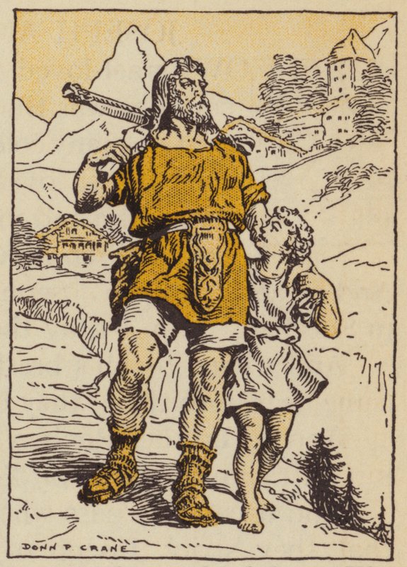 William Tell och hans son (färg litho) av Donn P. Crane