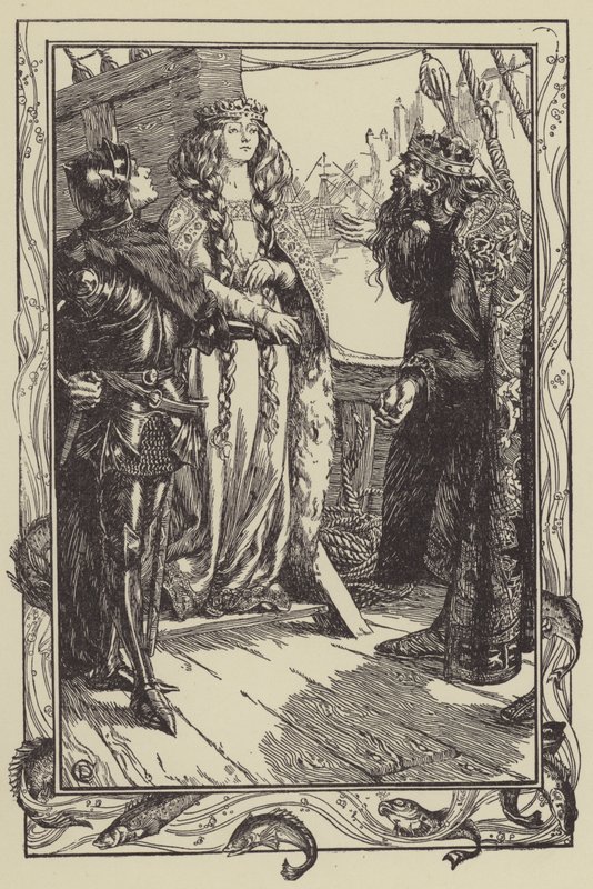 Kung Anguish ger Isolt till Sir Tristram (litho) av Dora Curtis