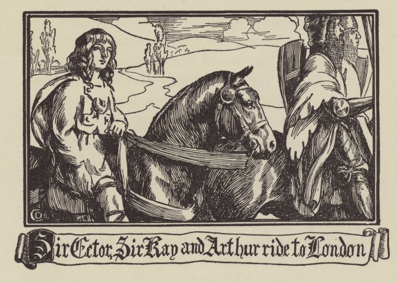 Sir Ector, Sir Kay och Arthur rider till London av Dora Curtis