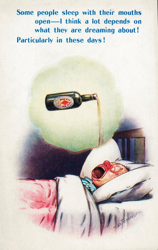 Alkoholism: man sover med öppen mun och drömmer om öl (färglitografi) av Douglas Tempest