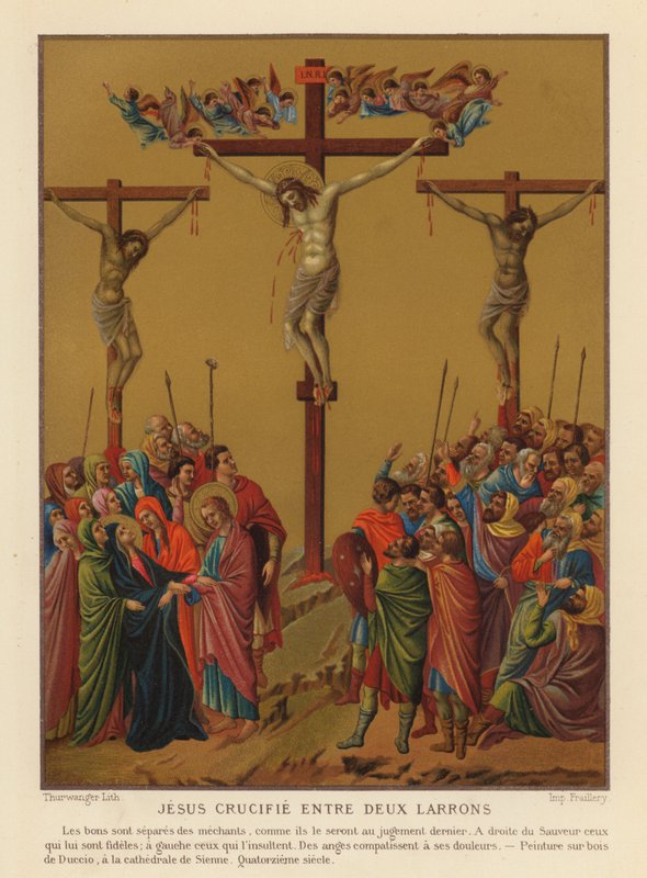 Jesu Kristi korsfästelse (chromolitho) av Duccio di Buoninsegna