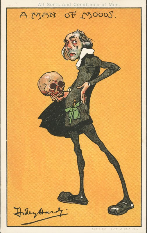 A Man of Moods: Shakespeares karaktär, Hamlet, med Yoricks skalle (färg litho) av Dudley Hardy