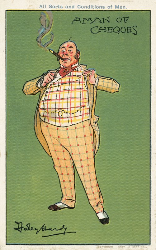 En man av checkar: en tjock rik man klädd i en rutig kostym (chromolitho) av Dudley Hardy