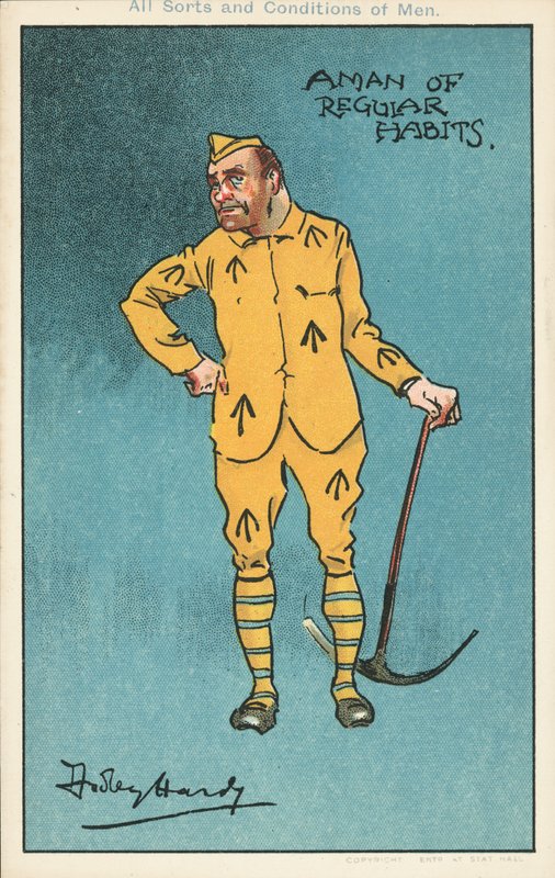 En man med vanliga vanor: fånge som håller en hacka (färg litho) av Dudley Hardy
