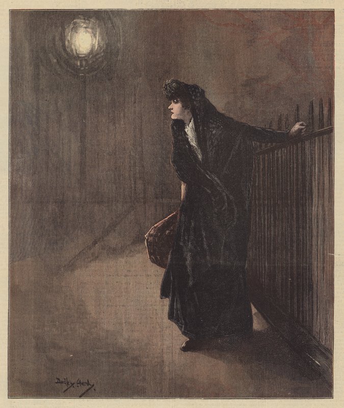 Carrie darrade när hon höll fast vid de rimfrostade räckena (färg litho) av Dudley Hardy