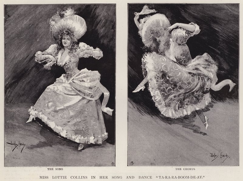 Engelska sångerskan och dansaren Lottie Collins framför sin populära låt Ta-Ra-Ra-Boom-De-Ay (litho) av Dudley Hardy
