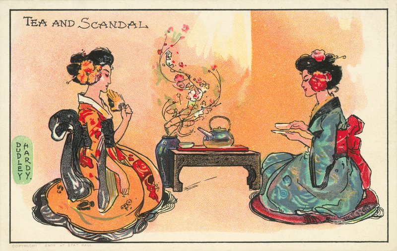 Te och skandal: två japanska kvinnor dricker te (färg litho) av Dudley Hardy