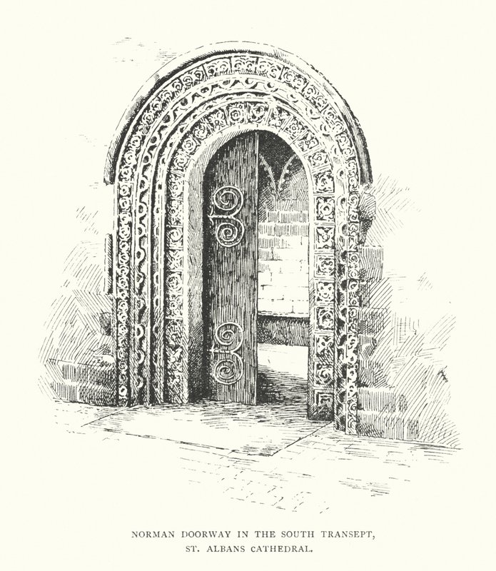 Normandisk dörröppning i södra transeptet, St Albans Cathedral (litografi) av Duncan Moul