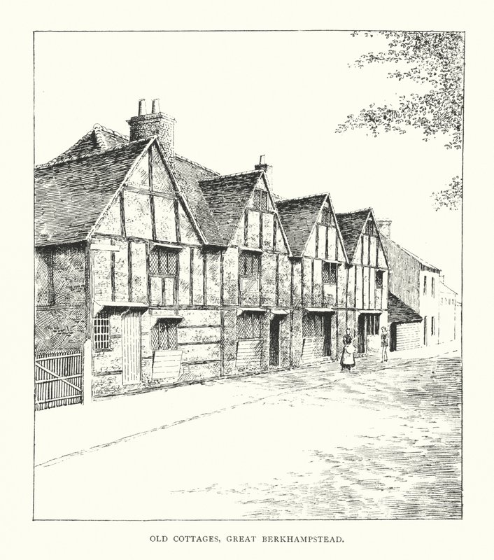 Old Cottages, Great Berkhampstead (litografi) av Duncan Moul
