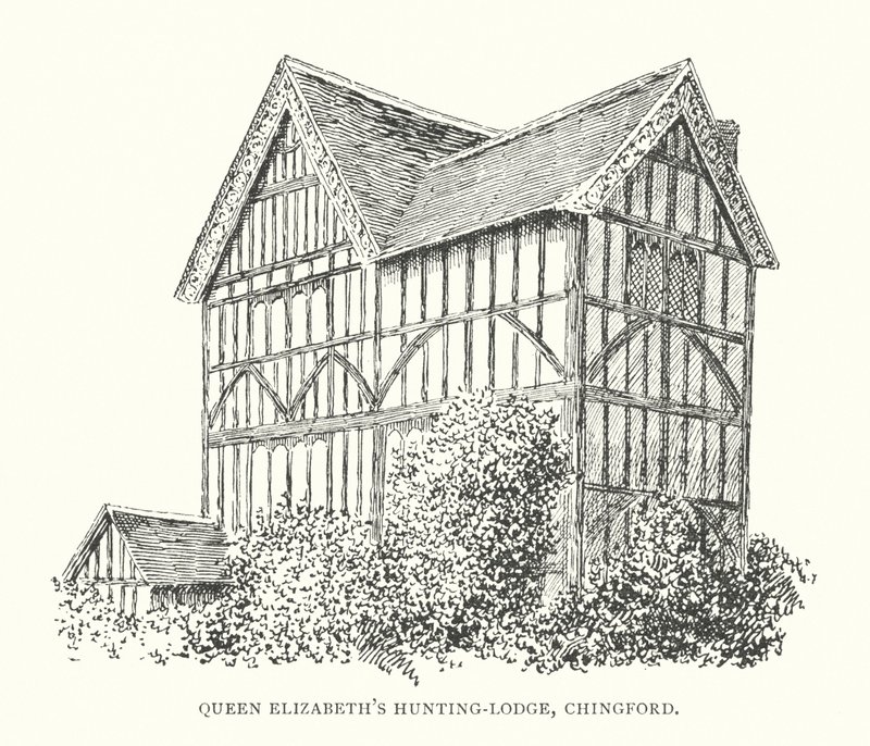 Drottning Elizabeths jaktstuga, Chingford (litografi) av Duncan Moul