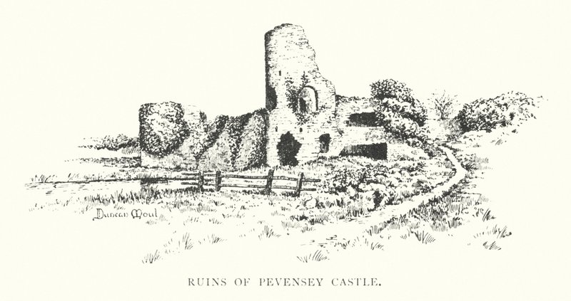 Ruinerna av Pevensey Castle (litografi) av Duncan Moul
