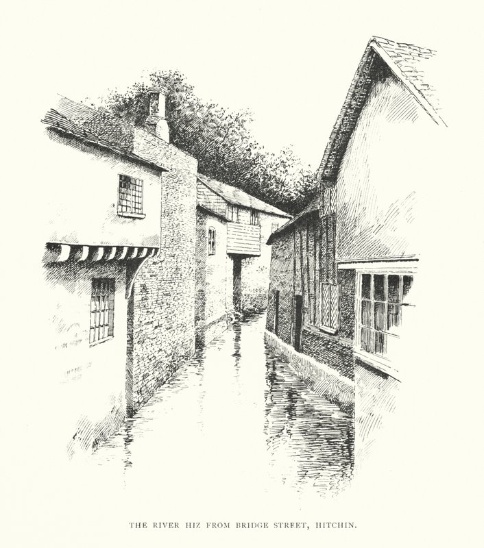 Floden Hiz från Bridge Street, Hitchin (litografi) av Duncan Moul