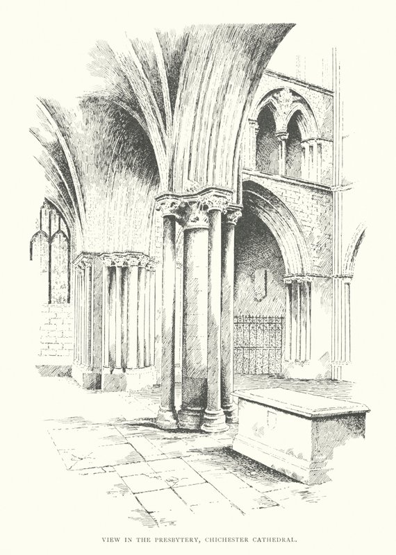 Utsikt i presbyteriet, Chichester Cathedral (litografi) av Duncan Moul
