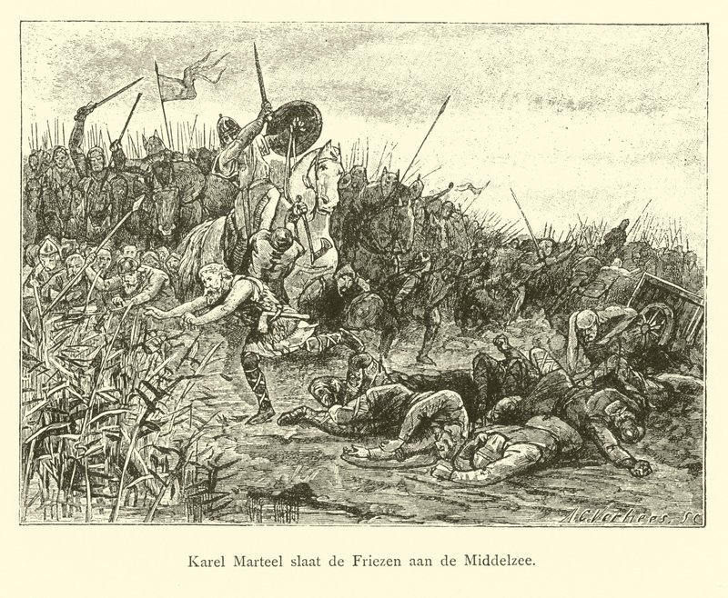 Charles Martel slåss mot friserna på Middelzee av Dutch School