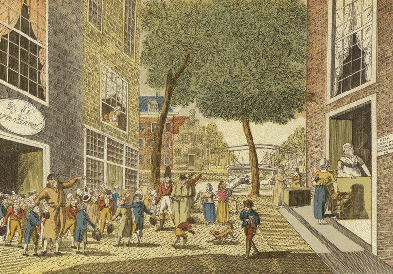 Barn som kommer ut ur skolan, 1812 av Dutch School