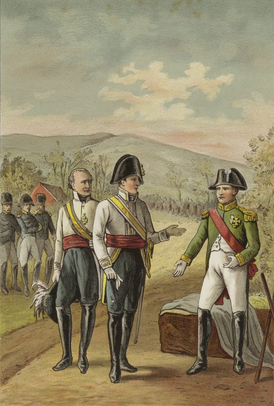 Möte mellan Napoleon och kejsar Frans II av Österrike efter slaget vid Austerlitz, 1805 av Dutch School