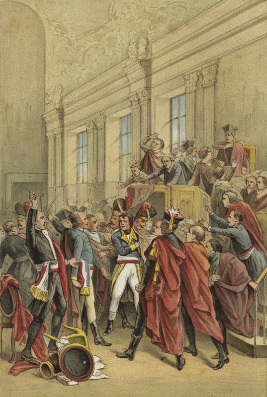 Napoleon vräker de femhundras råd från sina kammare, 18:e Brumaires statskupp, 1799 av Dutch School