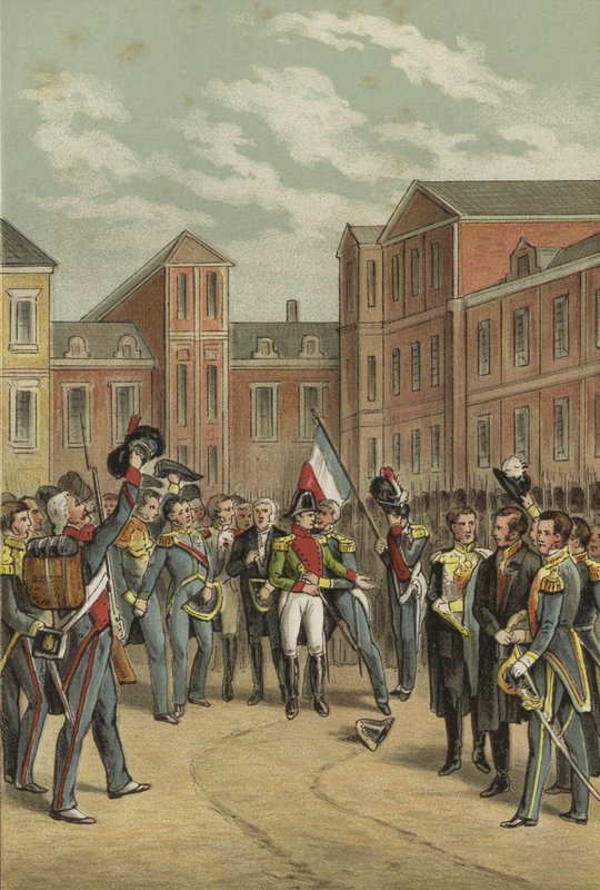 Napoleons farväl till det kejserliga gardet på White Horse Courtyard i Palace of Fontainebleau, 1814 av Dutch School