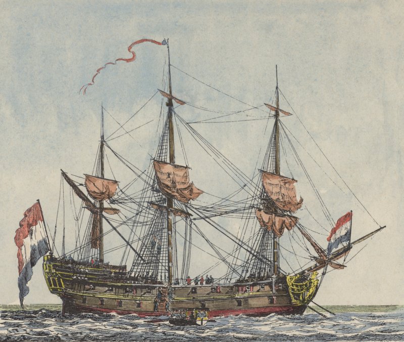 Nederländska Ostindiska kompaniets skepp (färgad gravyr) av Dutch School