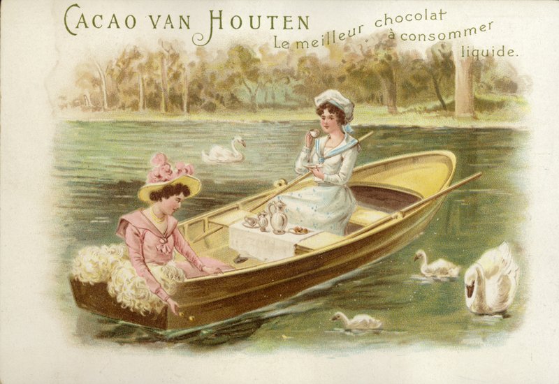 Kvinnor i roddbåt, dricker choklad av Dutch School