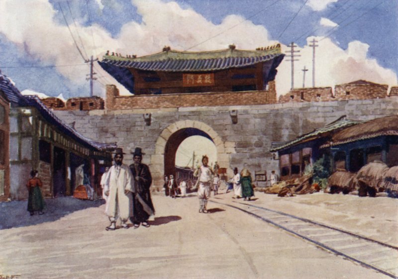 En av portarna till Seoul, Koreas huvudstad (färg litho) av E.H. Fitchew