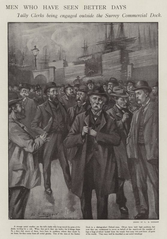 Män som har sett bättre dagar: räkningstjänstemän som förlovas utanför Surrey Commercial Dock, London (litho) av E. S. (after) Hodgson