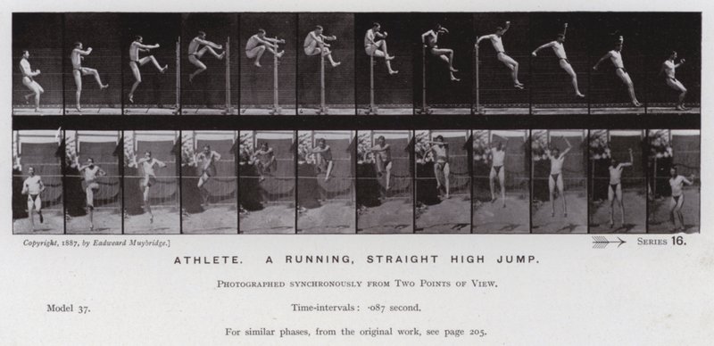 The Human Figure in Motion: Atlet, ett löpande, rakt höjdhopp (s/v-foto) av Eadweard Muybridge