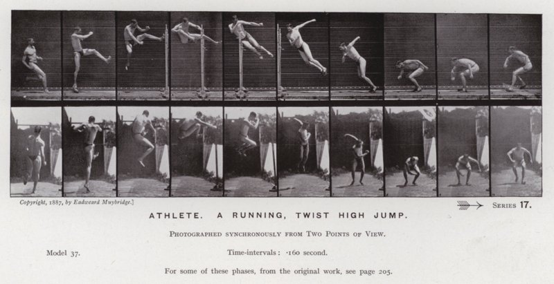 The Human Figure in Motion: Atlet, ett springande, vridet höjdhopp (s/v foto) av Eadweard Muybridge