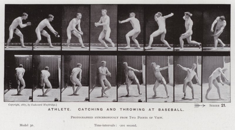 Den mänskliga figuren i rörelse: Idrottare, fånga och kasta på baseboll (s/v foto) av Eadweard Muybridge