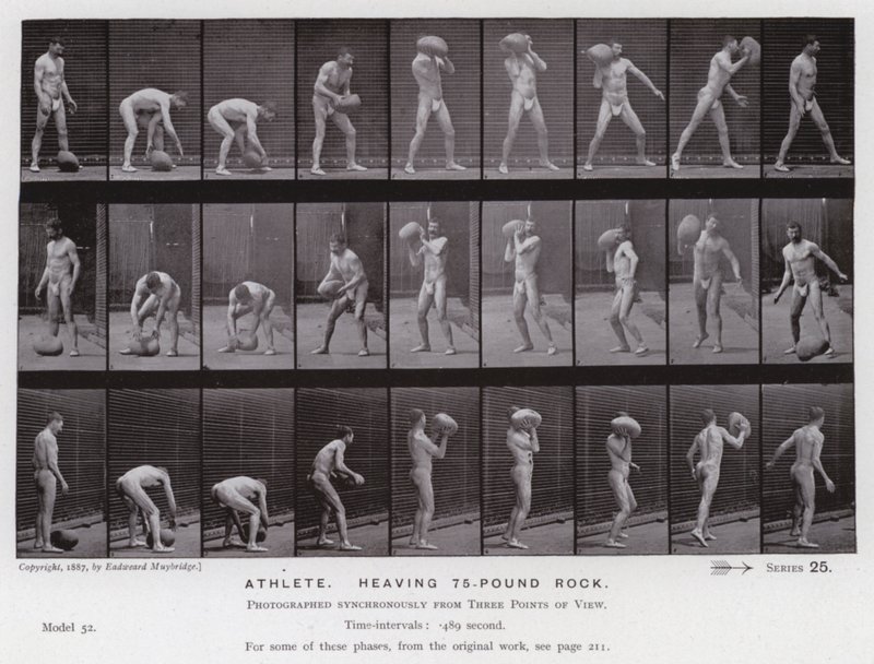Den mänskliga figuren i rörelse: Idrottsman som lyfter en sten på 75 pund av Eadweard Muybridge