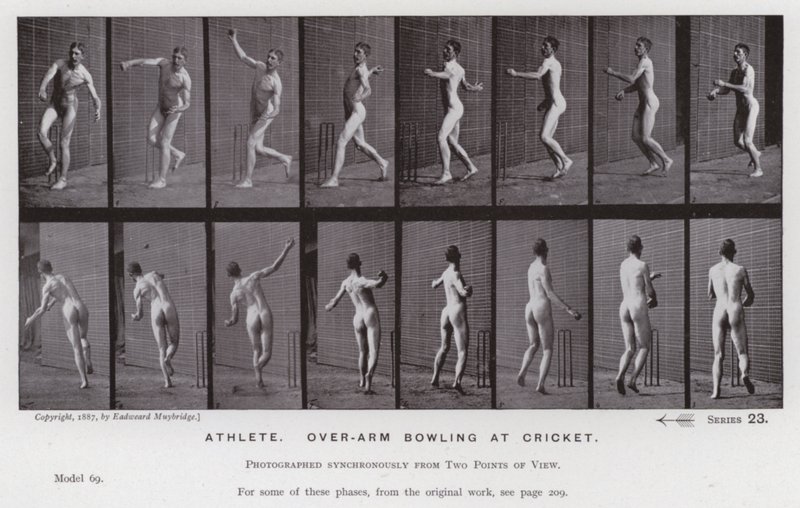The Human Figure in Motion: Atlet, bowling över armar på cricket (s/v foto) av Eadweard Muybridge