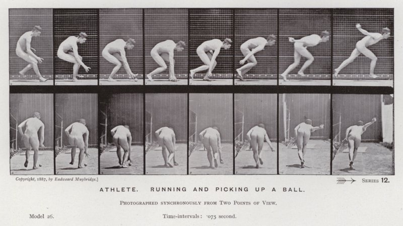 Den mänskliga figuren i rörelse: idrottare, springer och plockar upp en boll (s/v foto) av Eadweard Muybridge