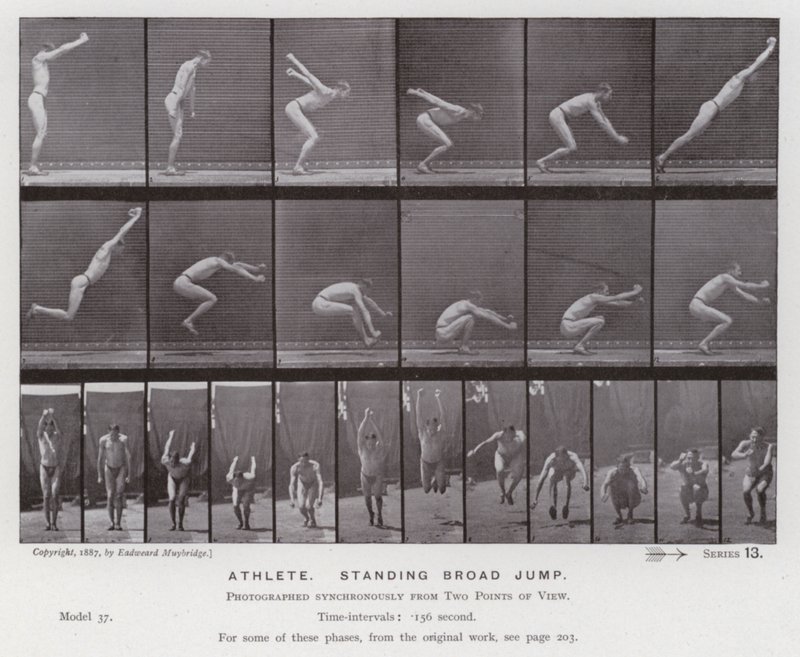 Den mänskliga figuren i rörelse: Idrottare, stående bredhopp (s/v foto) av Eadweard Muybridge