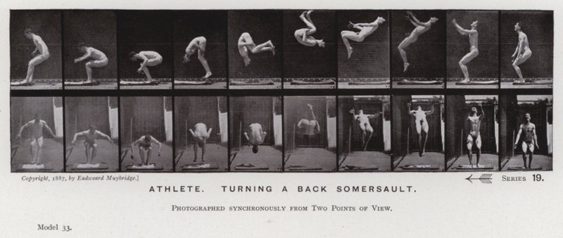 Den mänskliga figuren i rörelse: Idrottsman som vänder en kullerbytta (s/v foto) av Eadweard Muybridge